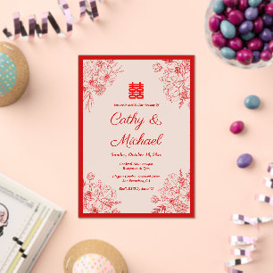 Invitaciones Acrílicas Marco floral rojo beige de boda chino oriental