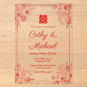 Invitaciones Acrílicas Marco floral rojo beige de boda chino oriental