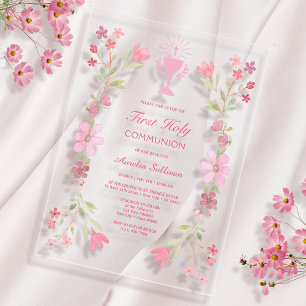 Invitaciones Acrílicas Marco floral rosa Primera Comunión Claro