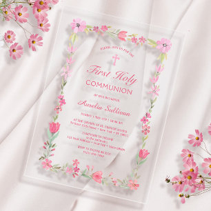 Invitaciones Acrílicas Marco floral rosa Primera Comunión Transparente