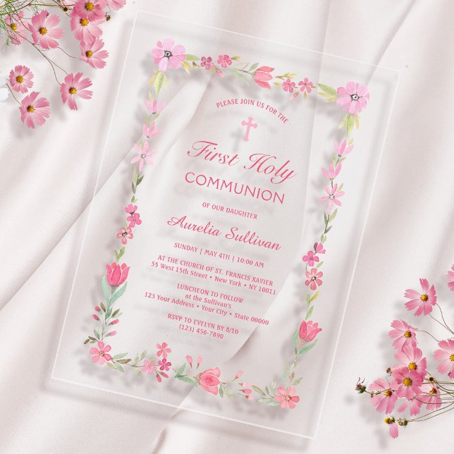 Invitaciones Acrílicas Marco floral rosa Primera Comunión Transparente (Subido por el creador)