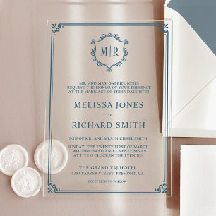 Invitaciones Acrílicas Marco minimal monograma de cresta en azul polvorie
