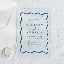 Invitaciones Acrílicas Marco Nupcial Ondulado Azul Moderno