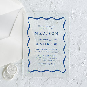 Invitaciones Acrílicas Marco Nupcial Ondulado Azul Moderno