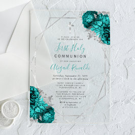 Invitaciones Acrílicas Marco Plateado Floral Azul Turquesa Primera Comuni