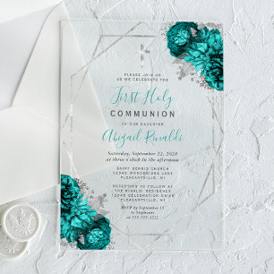 Invitaciones Acrílicas Marco Plateado Floral Azul Turquesa Primera Comuni