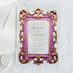 Invitaciones Acrílicas Marco Rococó Antiguo Rosa Dorado Boda