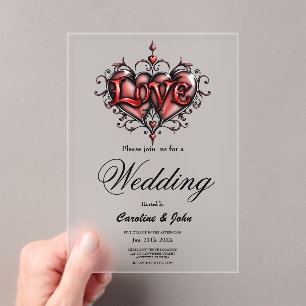 Invitaciones Acrílicas Marco Steampunk con rosas y engranajes rojos