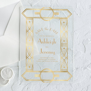 Invitaciones Acrílicas Marco Vintage Deco Dorado Blanco Foto Boda