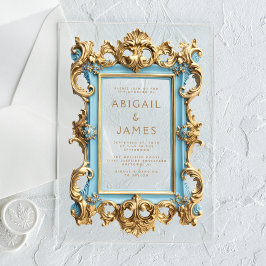 Invitaciones Acrílicas Marco Vintage Rococó Bebé Azul Dorado Boda