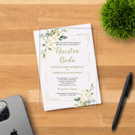 Invitaciones Acrílicas Marfil Blanco Floral Oro Nuestra Boda Caligrafía