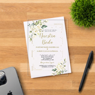 Invitaciones Acrílicas Marfil Blanco Floral Oro Nuestra Boda Caligrafía
