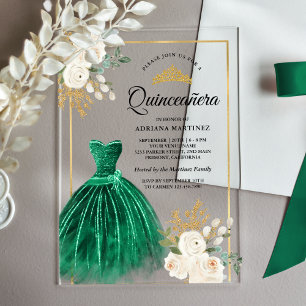 Invitaciones Acrílicas Marfil Floral Esmeralda Verde Oro Quinceanera