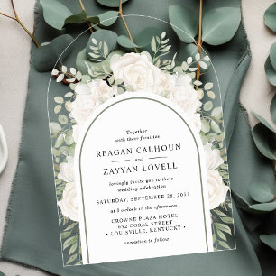 Invitaciones Acrílicas Marfil y Salvia Arco Floral Elegante de Boda