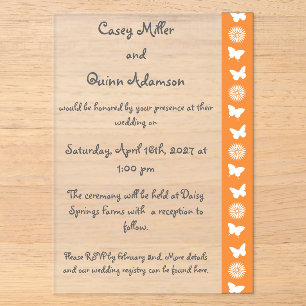 Invitaciones Acrílicas Margaritas y Mariposas en Acrílico Naranja para Bo