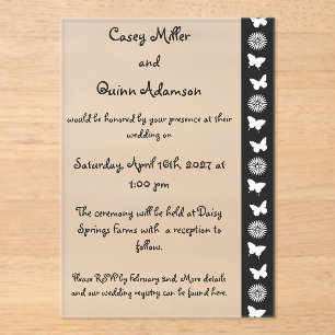 Invitaciones Acrílicas Margaritas y Mariposas en Boda de Acrílico Negro