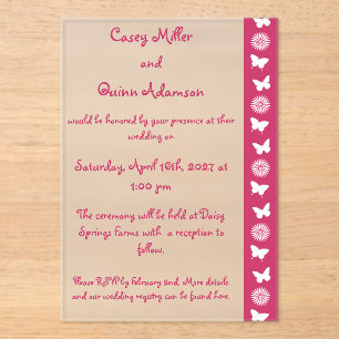 Invitaciones Acrílicas Margaritas y Mariposas en Boda de Frambuesa