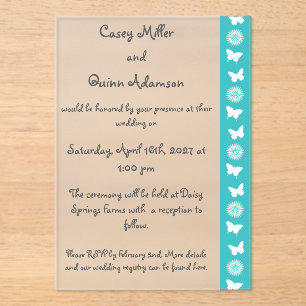 Invitaciones Acrílicas Margaritas y Mariposas en Boda Turquesa