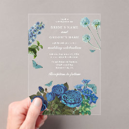 Invitaciones Acrílicas Marina Floral Azul acuarela Elegante Boda