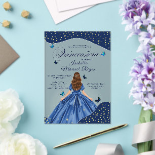 Invitaciones Acrílicas Mariposa Azul Quinceañera Gown Starry Night