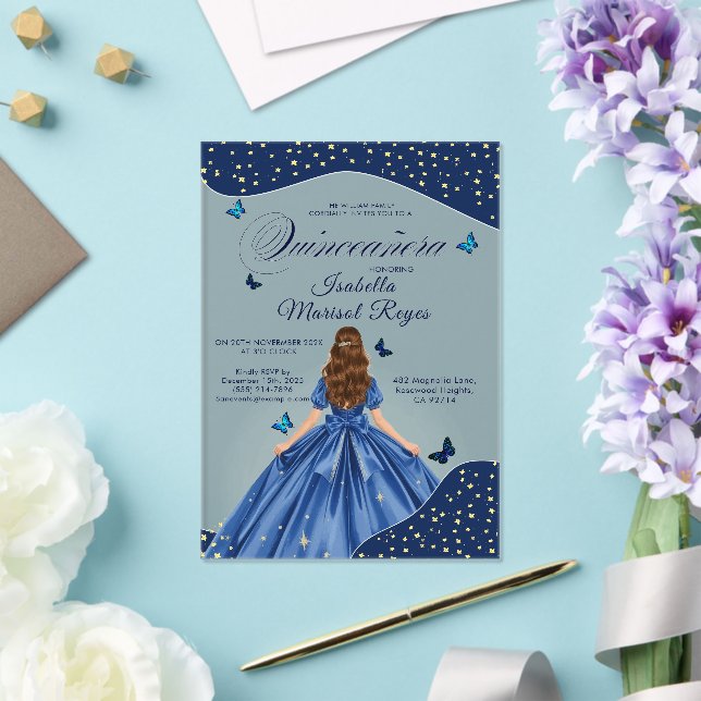 Invitaciones Acrílicas Mariposa Azul Quinceañera Gown Starry Night (Insitu (Boda))