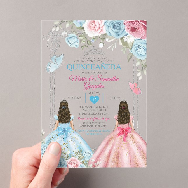 Invitaciones Acrílicas Mariposa azul rosada y pastoral Quinceañera (Insitu (portátil))