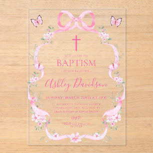 Invitaciones Acrílicas Mariposa de flor silvestre de lazo rosa Bautizo