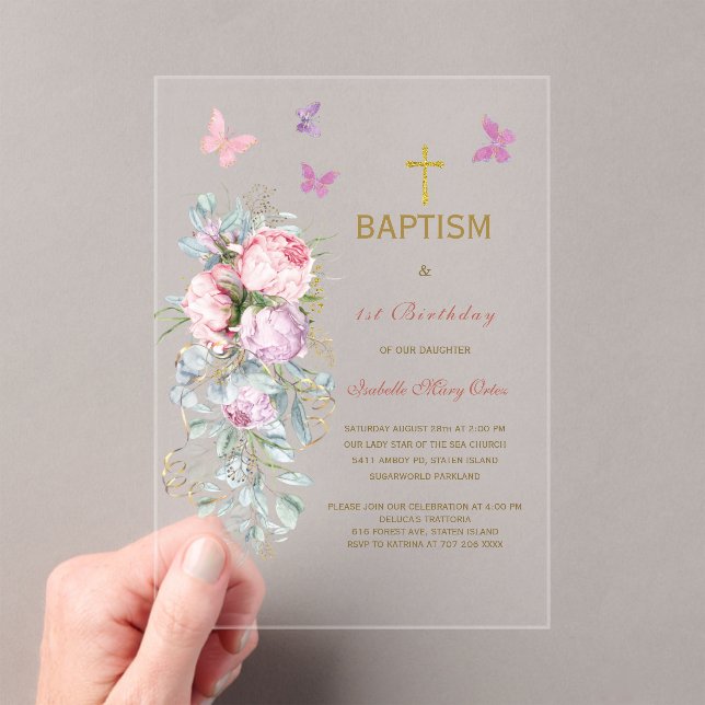 Invitaciones Acrílicas Mariposa de Flores Rosadas Bautizo (Insitu (portátil))