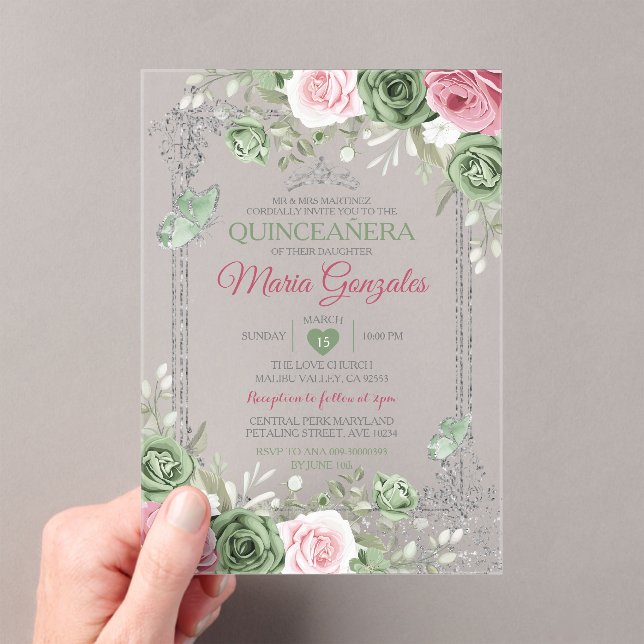 Invitaciones Acrílicas Mariposa de la Crown de Plata Rosa Sage Green Quin (Insitu (portátil))
