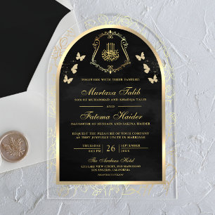 Invitaciones Acrílicas Mariposa de Oro Negro Arco Musulmán Boda