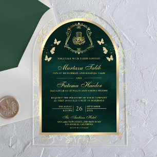 Invitaciones Acrílicas Mariposa Dorada Verde Esmeralda Arco Musulmán Boda