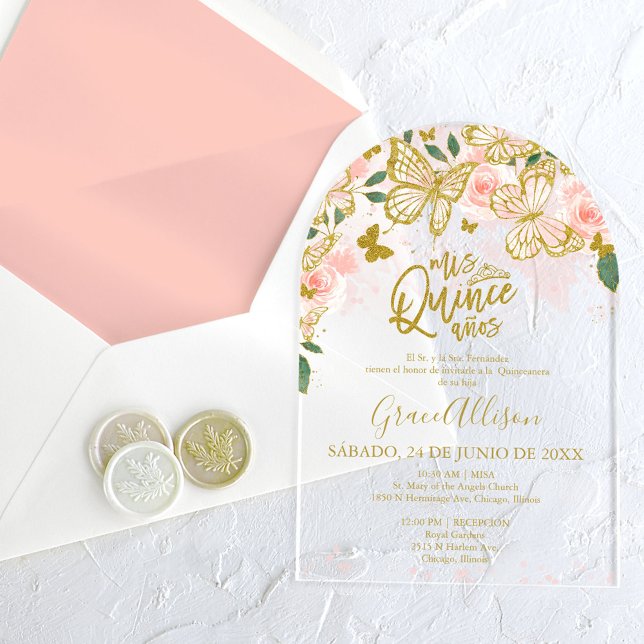 Invitaciones Acrílicas Mariposa floral de oro rosa Quinceañera (Subido por el creador)