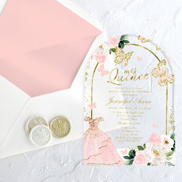 Invitaciones Acrílicas Mariposa floral de oro rosa Quinceañera