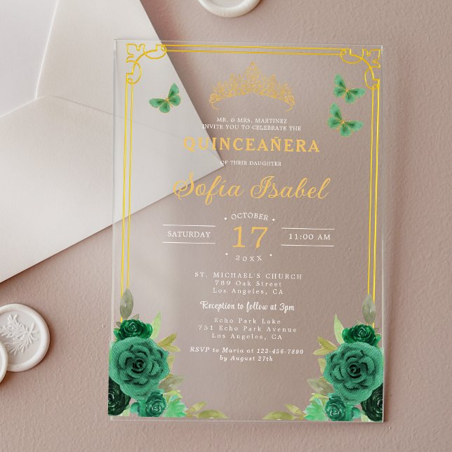 Invitaciones Acrílicas Mariposa Floral Esmeralda Verde Oro Quinceanera (Subido por el creador)