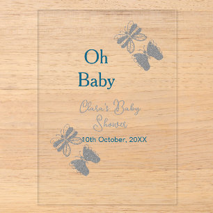 Invitaciones Acrílicas Mariposa gris azul baby shower oh bebé moderno ext