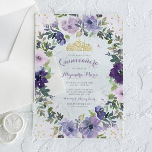 Invitaciones Acrílicas Mariposa morada Floral Oro Tiara Quinceanera