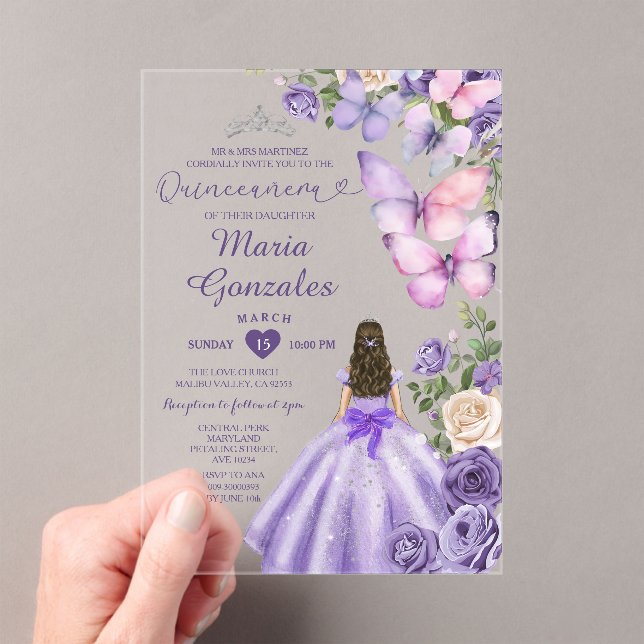 Invitaciones Acrílicas Mariposa morada Floral Princesa Vestido Quinceañer (Insitu (portátil))