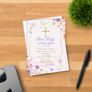 Invitaciones Acrílicas Mariposa Morada Floral Rosa Primera Comunión