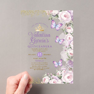 Invitaciones Acrílicas Mariposa Quinceañera 15 Años Corona Floral Púrpura