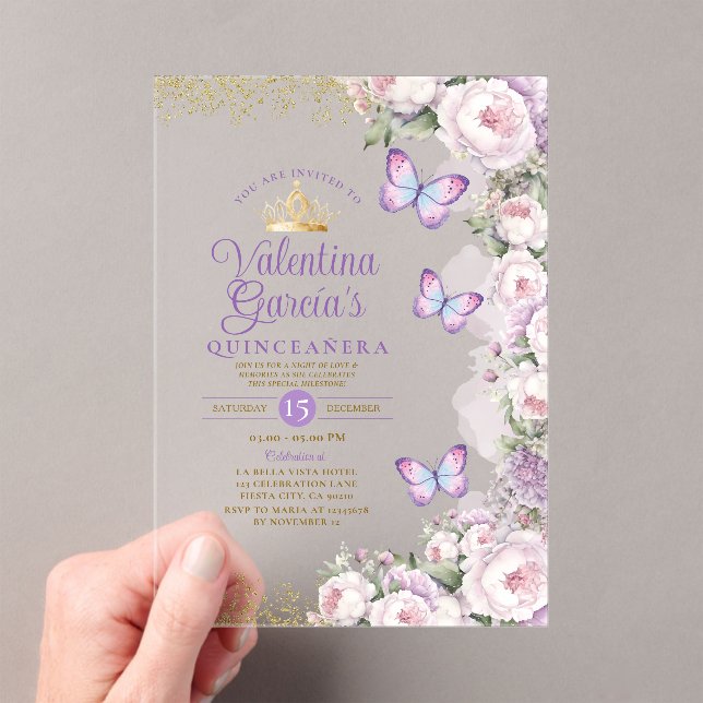 Invitaciones Acrílicas Mariposa Quinceañera 15 Anos Morado Corona Floral (Insitu (portátil))