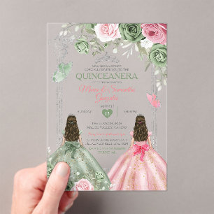 Invitaciones Acrílicas Mariposa Quinceañera Verde Y Rosa