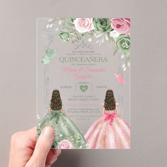Invitaciones Acrílicas Mariposa Quinceañera Verde Y Rosa (Insitu (portátil))