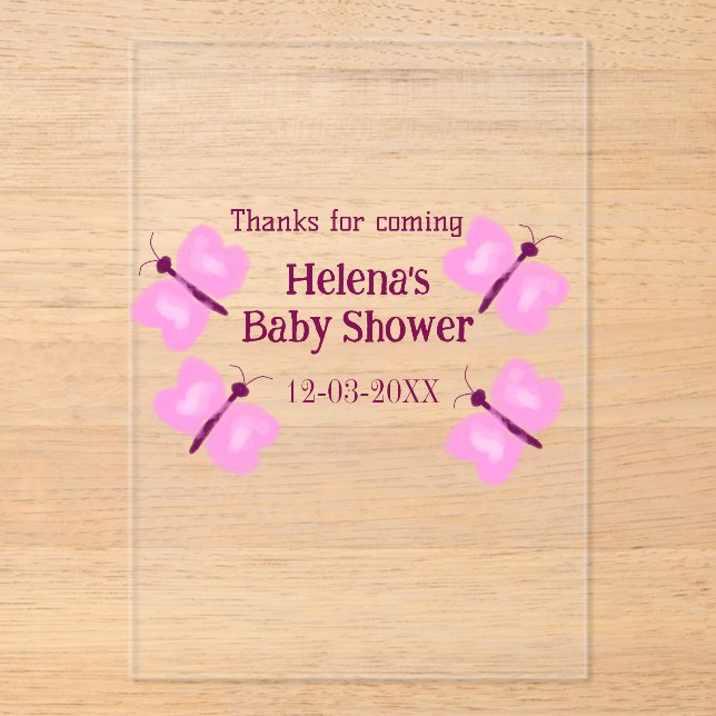 Invitaciones Acrílicas Mariposa rosa Cumpleaños de bebé acuarela agregar  (Anverso)