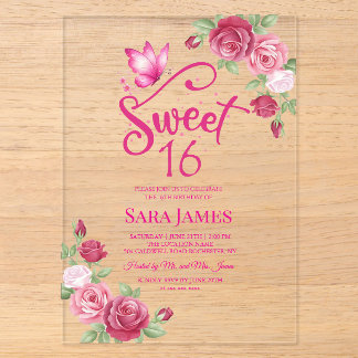 Invitaciones Acrílicas Mariposa Rosa Encantada Cumpleaños Dulces 16