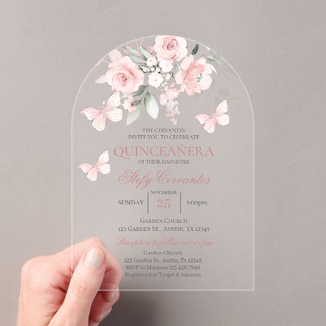 Invitaciones Acrílicas Mariposa rosa Quinceañera (Insitu (portátil))