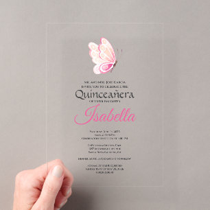 Invitaciones Acrílicas Mariposa Rosa Quinceañera Cumpleaños 15