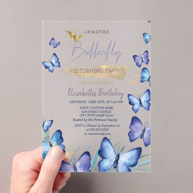 Invitaciones Acrílicas Mariposas Azules Aquarela Cumpleaños Arcoíris (Insitu (portátil))