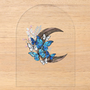 Invitaciones Acrílicas Mariposas azules en creciente de madera