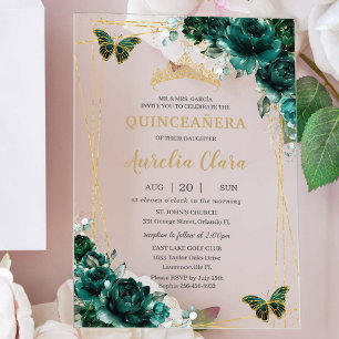 Invitaciones Acrílicas Mariposas de oro floral verde esmeralda de Quincea