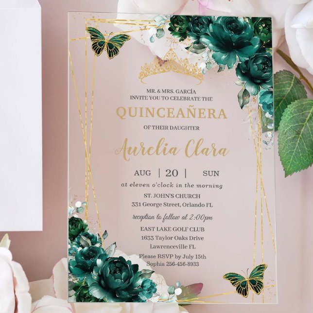 Invitaciones Acrílicas Mariposas de oro floral verde esmeralda de Quincea (Subido por el creador)